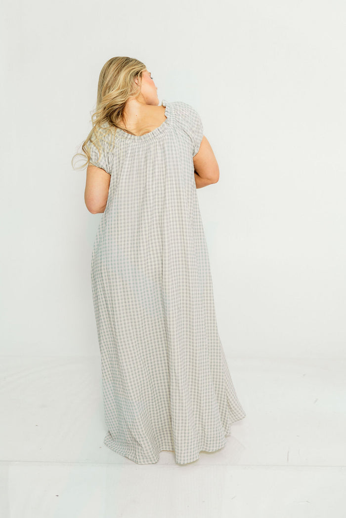Ensley 100% Cotton Maxi Dress in Light Indigo Plaid - Bump Friendly