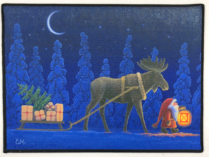 Eva Melhuish Door Mat Rug - Moose pulling sled