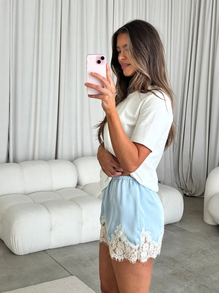 Eva Satin Lace Shorts in Blue *Final Sale*