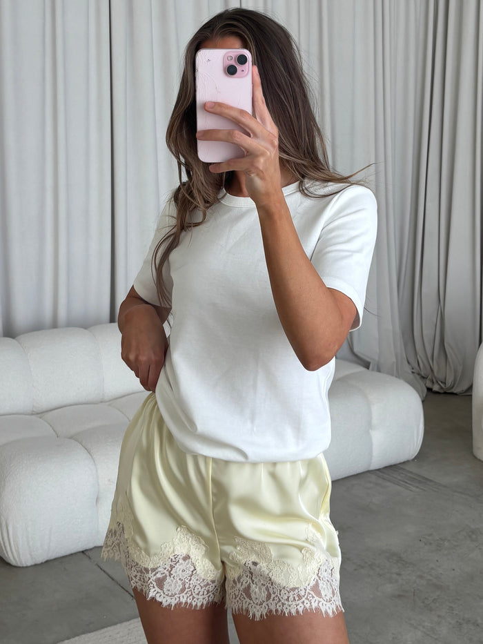 Eva Satin Lace Shorts in Yellow/Cream *Final Sale*