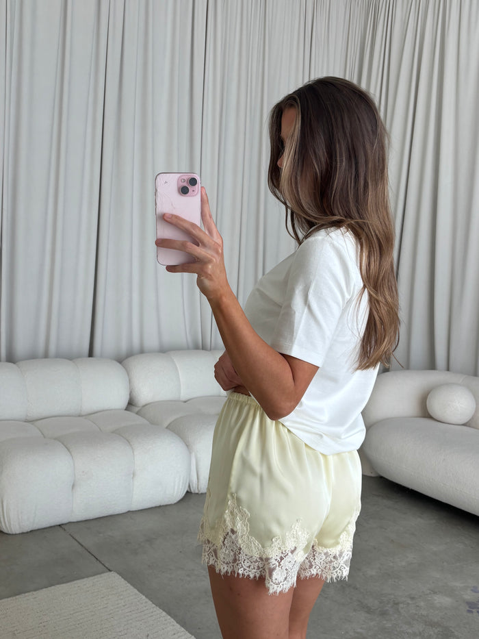 Eva Satin Lace Shorts in Yellow/Cream *Final Sale*