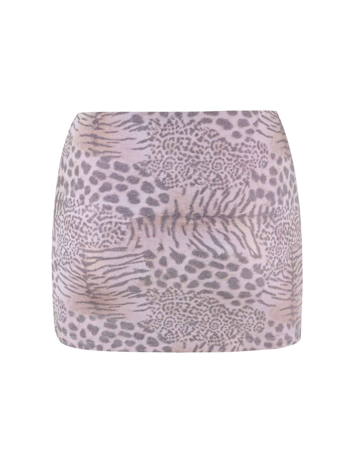 The TIGERMIST EVANGELINE SKIRT - PINK features a high-waisted bodycon fit in pale pink with a tiger stripe print, shown on a white background.