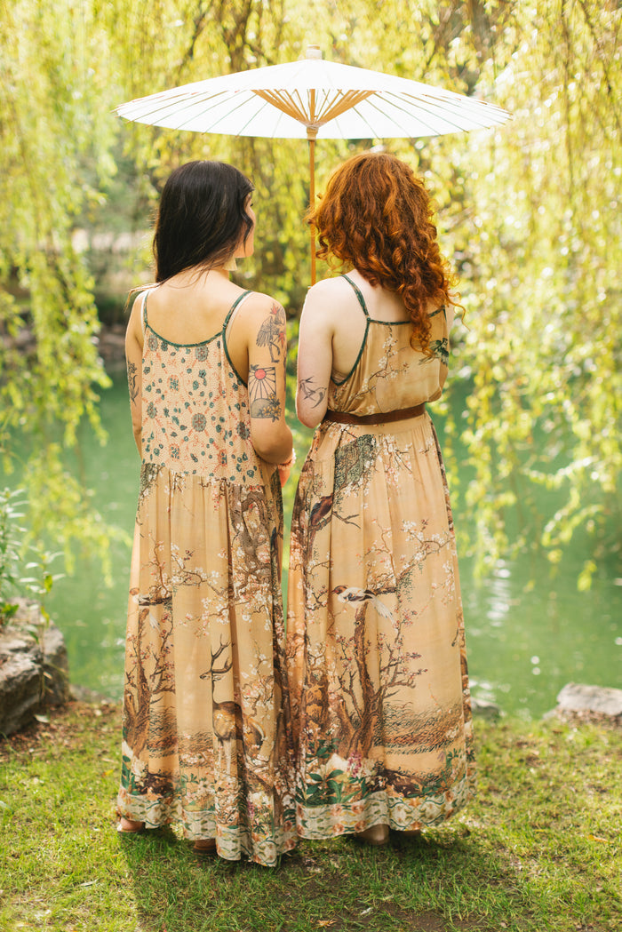 Fable bamboo viscose slip dress featuring antique Japanese art, cherry and peach blossoms, nightingales, deer, and French block prints - Market of Stars