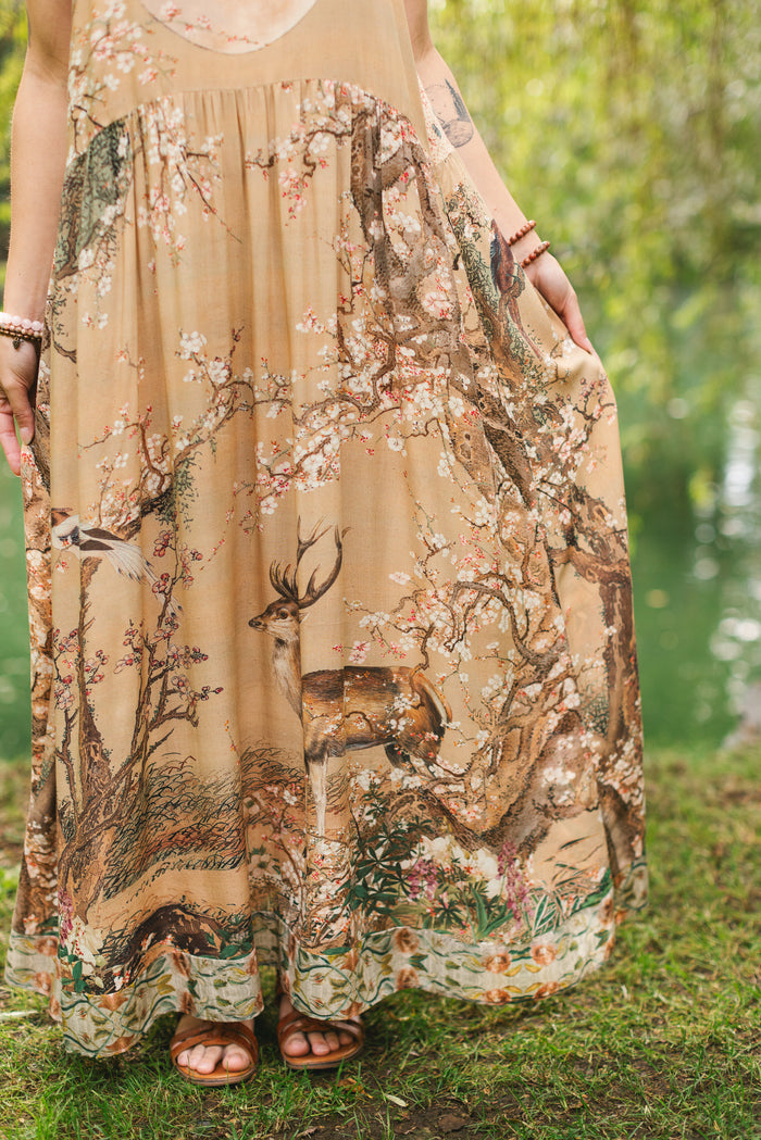 Fable bamboo viscose slip dress featuring antique Japanese art, cherry and peach blossoms, nightingales, deer, and French block prints - Market of Stars