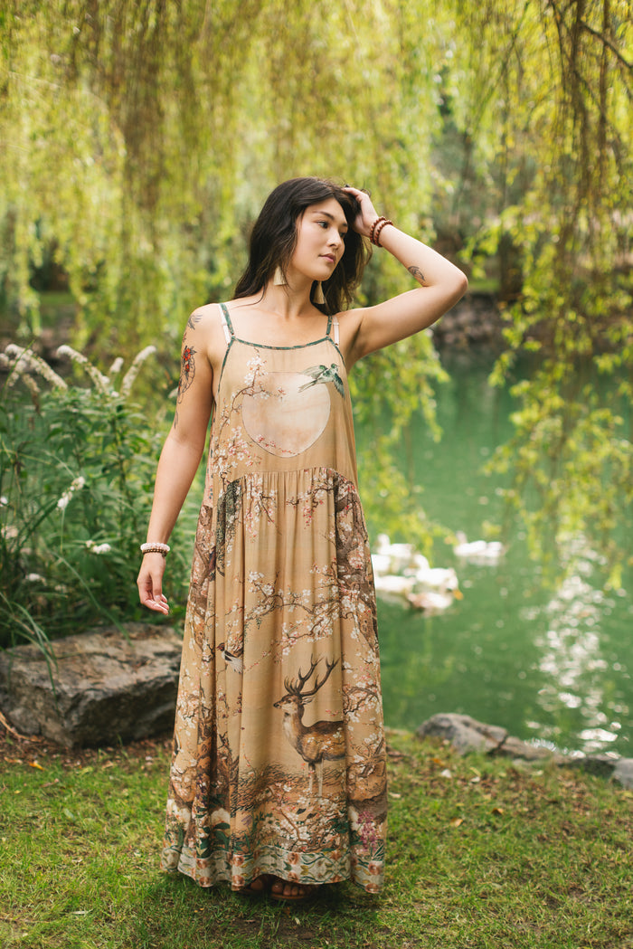 Fable bamboo viscose slip dress featuring antique Japanese art, cherry and peach blossoms, nightingales, deer, and French block prints - Market of Stars