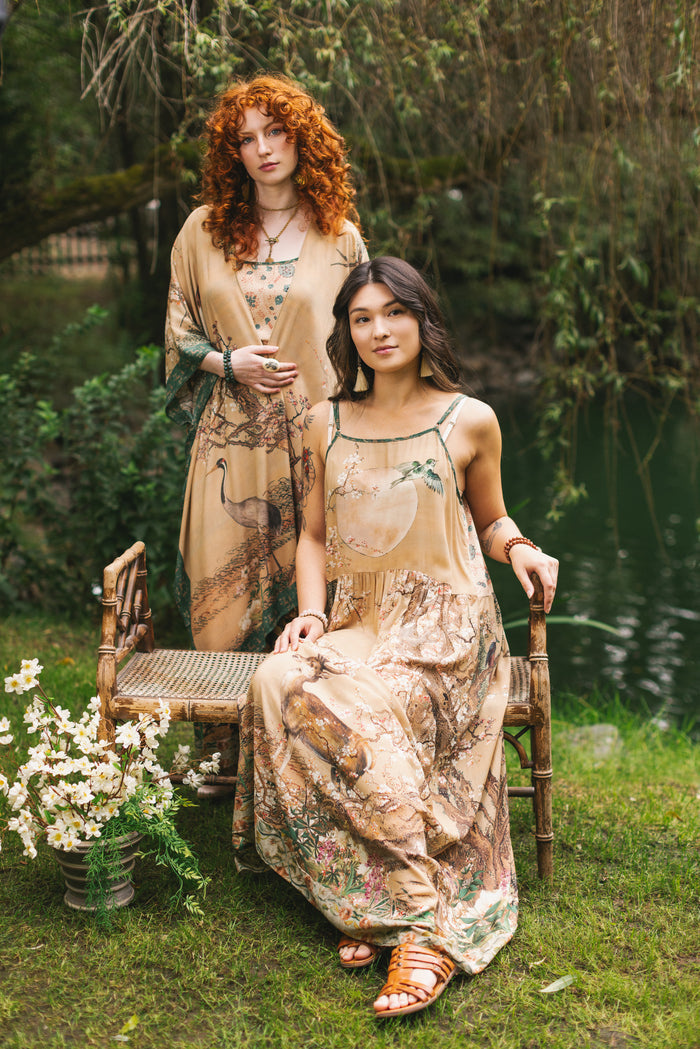 Fable bamboo viscose slip dress featuring antique Japanese art, cherry and peach blossoms, nightingales, deer, and French block prints - Market of Stars