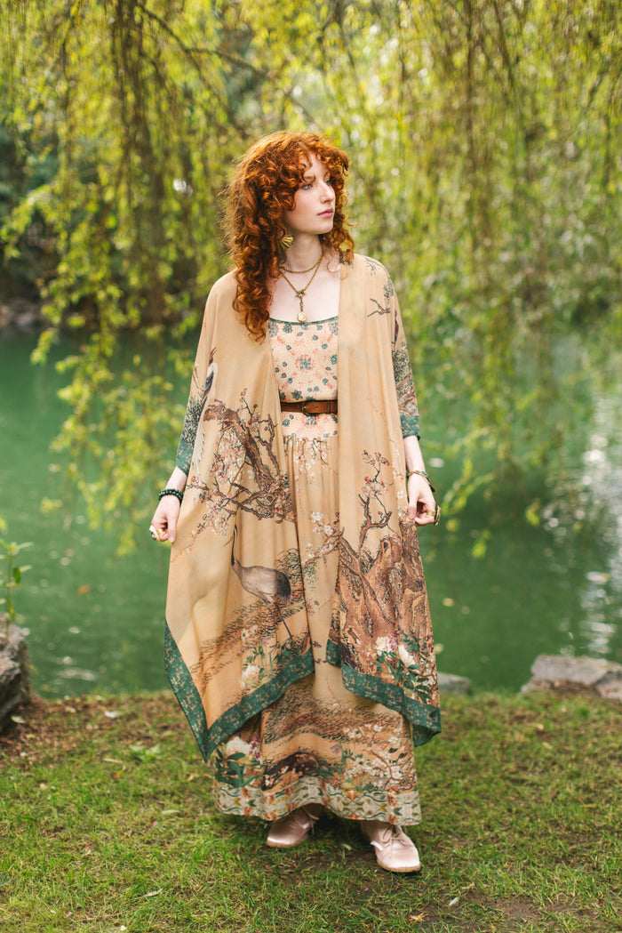 Fable bamboo viscose slip dress featuring antique Japanese art, cherry and peach blossoms, nightingales, deer, and French block prints - Market of Stars