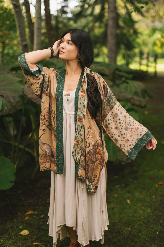 Fable mid-length bamboo blend duster featuring antique Japanese art, cherry and peach blossoms, nightingales, deer, and French block prints - Market of Stars