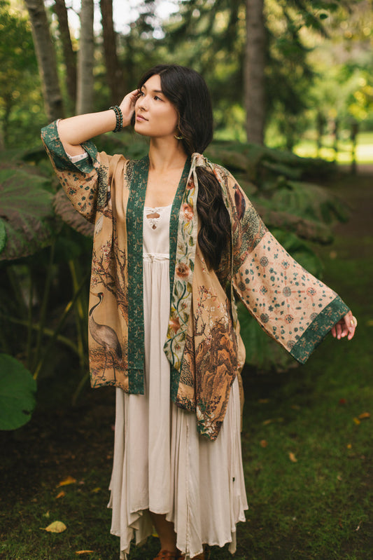 Fable mid-length bamboo blend duster featuring antique Japanese art, cherry and peach blossoms, nightingales, deer, and French block prints - Market of Stars
