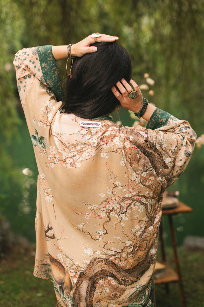 Fable mid-length bamboo blend duster featuring antique Japanese art, cherry and peach blossoms, nightingales, deer, and French block prints - Market of Stars