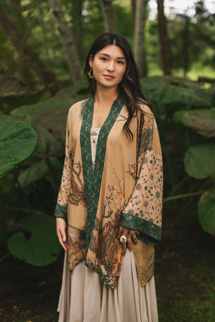 Fable mid-length bamboo blend duster featuring antique Japanese art, cherry and peach blossoms, nightingales, deer, and French block prints - Market of Stars