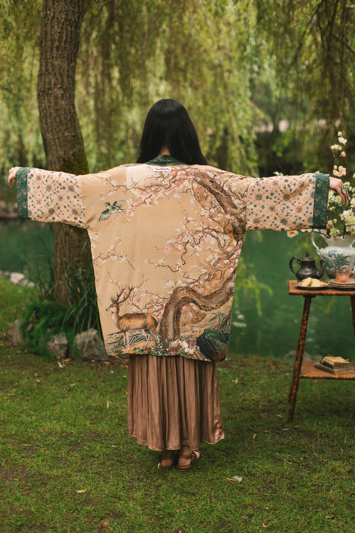Fable mid-length bamboo blend duster featuring antique Japanese art, cherry and peach blossoms, nightingales, deer, and French block prints - Market of Stars