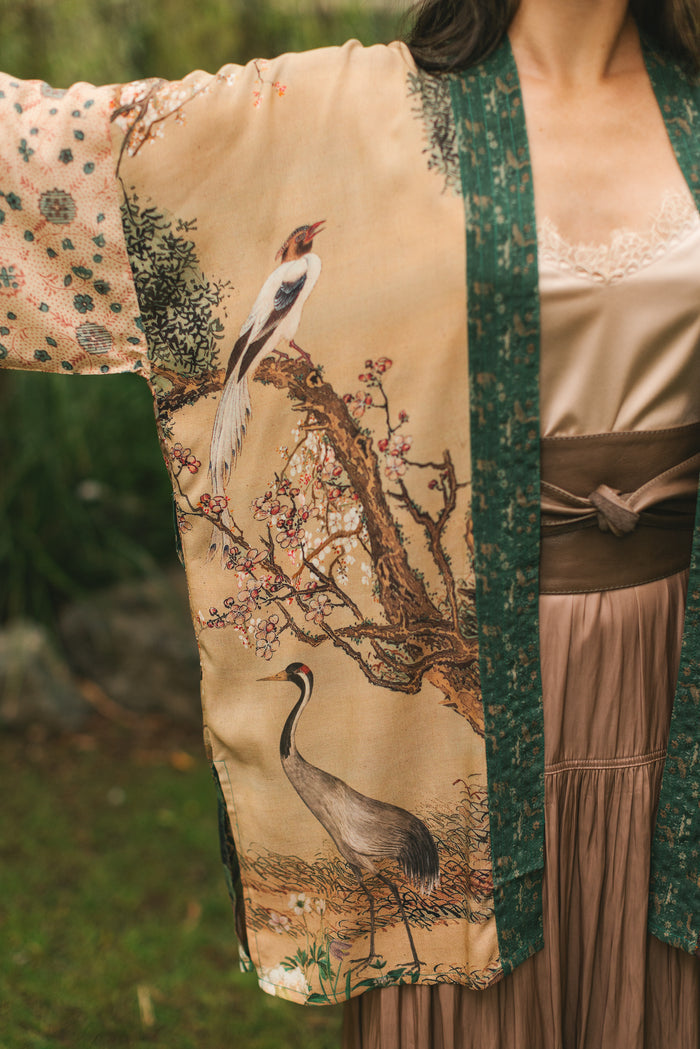 Fable mid-length bamboo blend duster featuring antique Japanese art, cherry and peach blossoms, nightingales, deer, and French block prints - Market of Stars