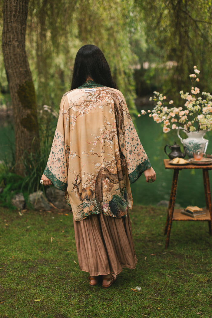Fable mid-length bamboo blend duster featuring antique Japanese art, cherry and peach blossoms, nightingales, deer, and French block prints - Market of Stars