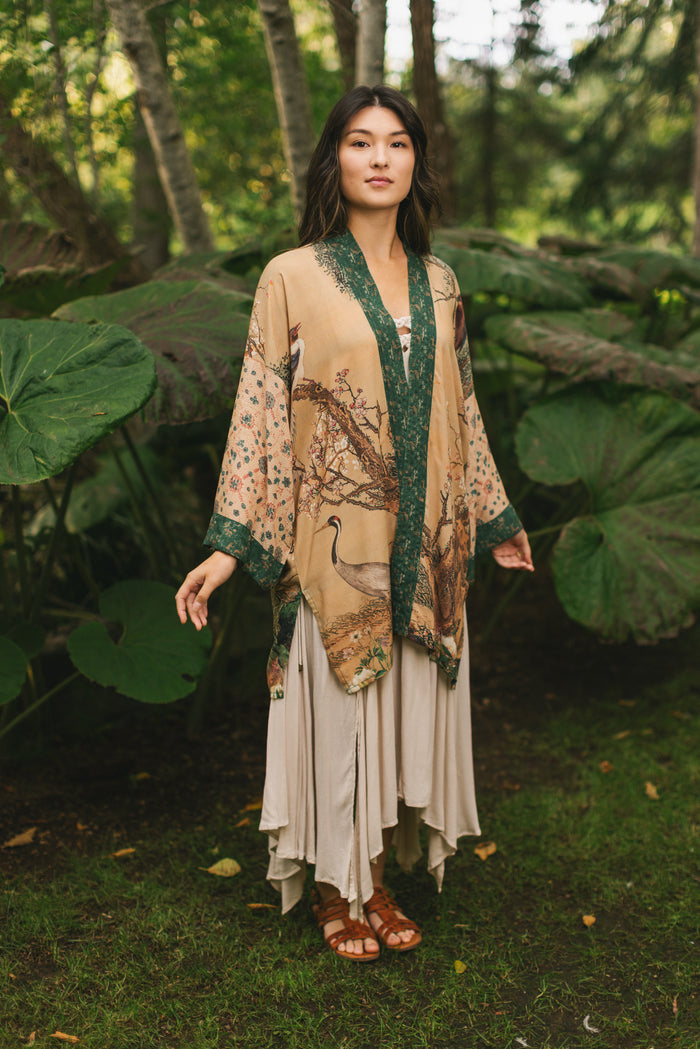 Fable mid-length bamboo blend duster featuring antique Japanese art, cherry and peach blossoms, nightingales, deer, and French block prints - Market of Stars