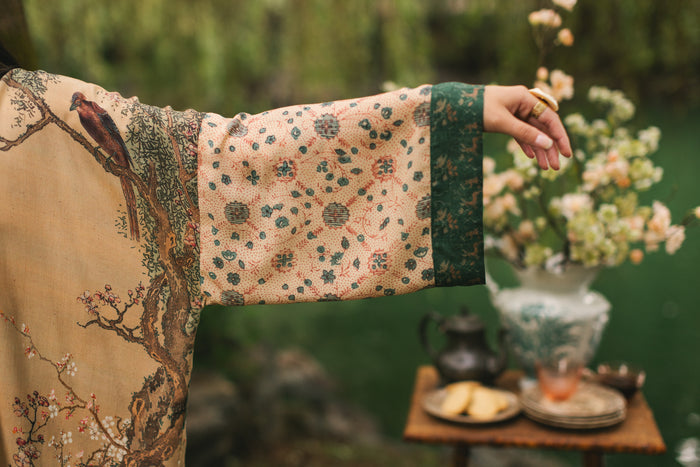 Fable mid-length bamboo blend duster featuring antique Japanese art, cherry and peach blossoms, nightingales, deer, and French block prints - Market of Stars