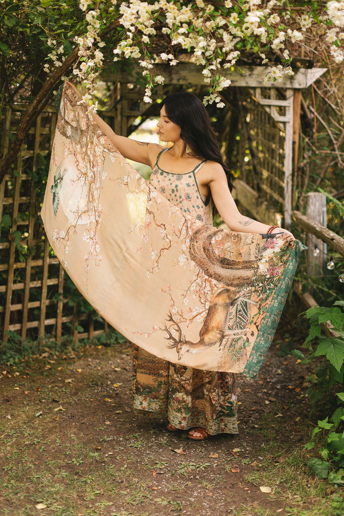 Lightweight and soft Fable scarf featuring antique Japanese art, cherry and peach blossoms, nightingales, deer, and French block prints - Market of Stars