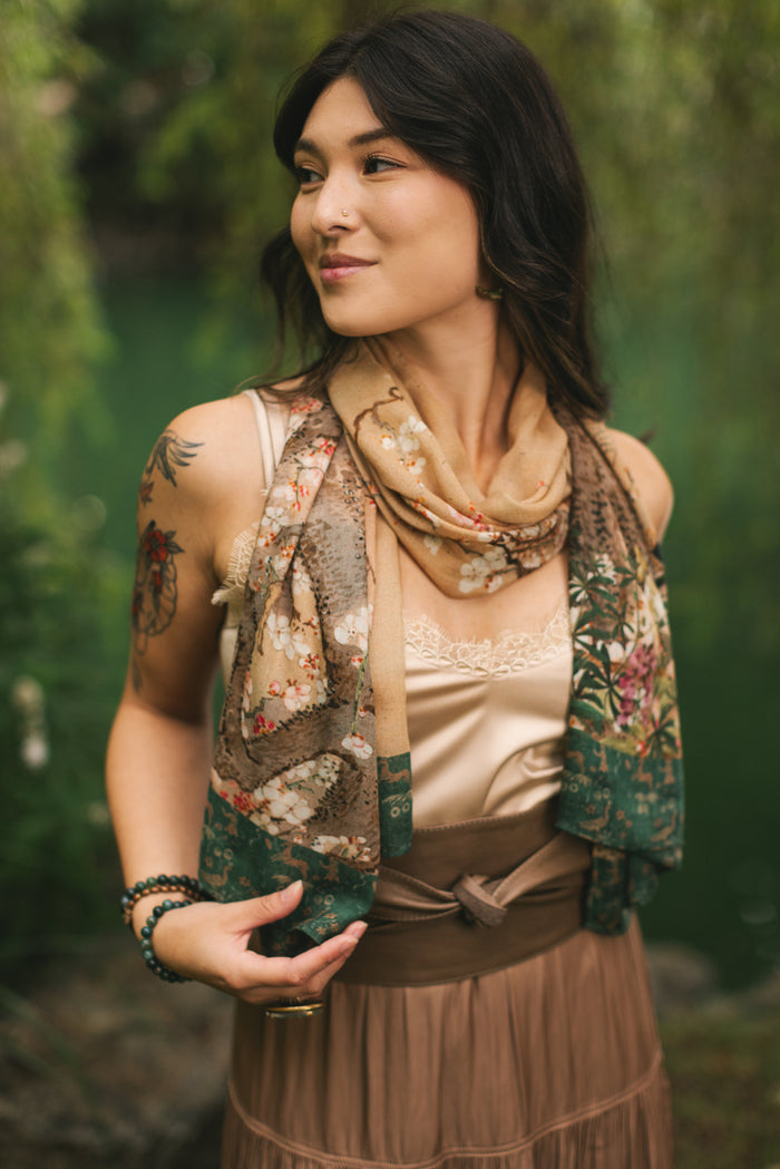 Lightweight and soft Fable scarf featuring antique Japanese art, cherry and peach blossoms, nightingales, deer, and French block prints - Market of Stars
