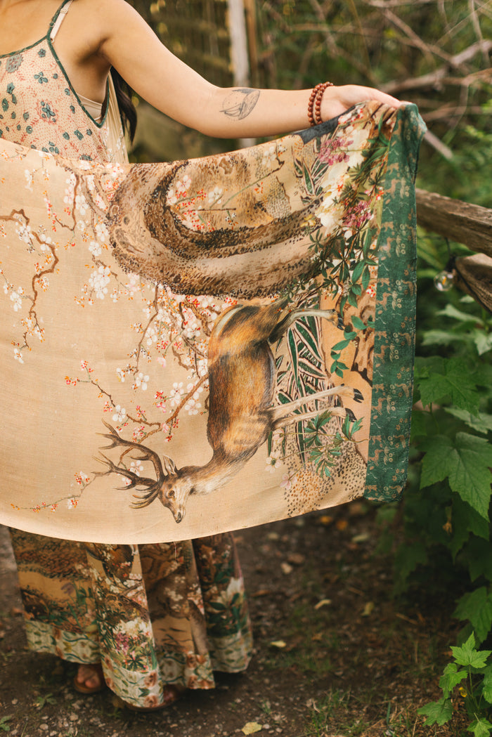 Lightweight and soft Fable scarf featuring antique Japanese art, cherry and peach blossoms, nightingales, deer, and French block prints - Market of Stars