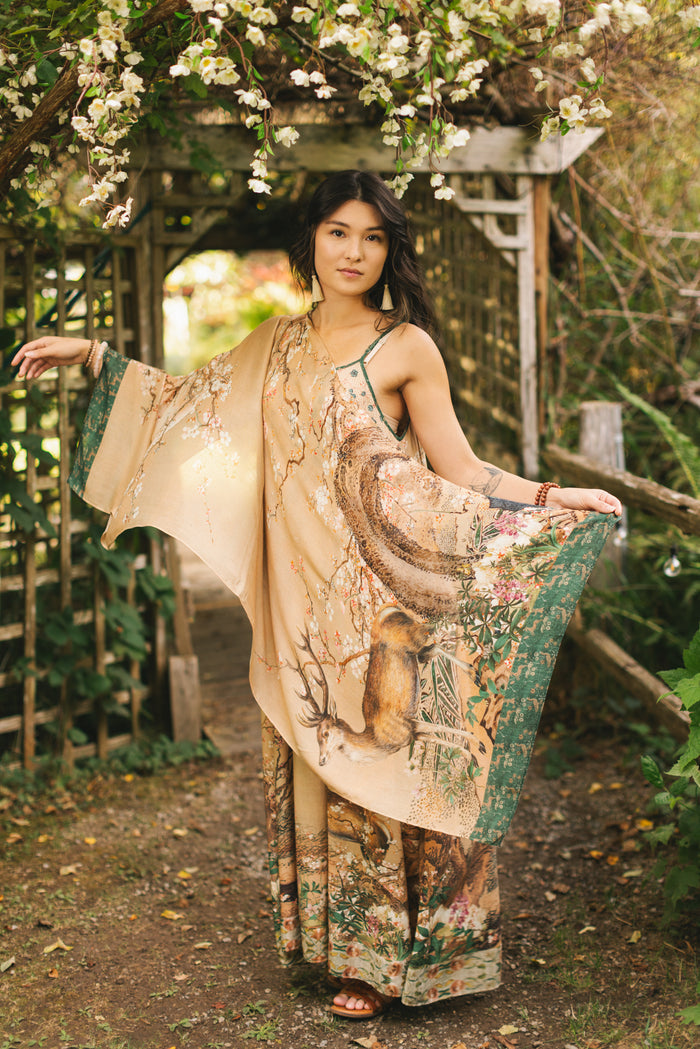 Lightweight and soft Fable scarf featuring antique Japanese art, cherry and peach blossoms, nightingales, deer, and French block prints - Market of Stars