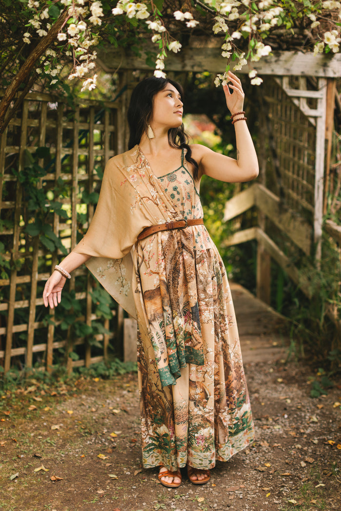 Lightweight and soft Fable scarf featuring antique Japanese art, cherry and peach blossoms, nightingales, deer, and French block prints - Market of Stars