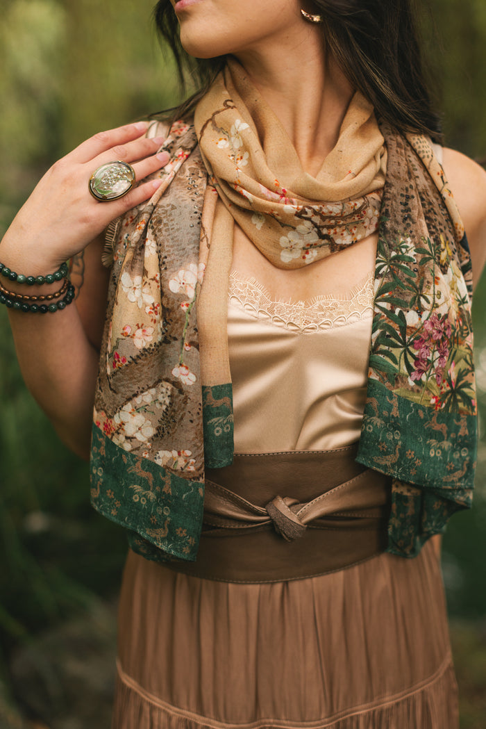 Lightweight and soft Fable scarf featuring antique Japanese art, cherry and peach blossoms, nightingales, deer, and French block prints - Market of Stars