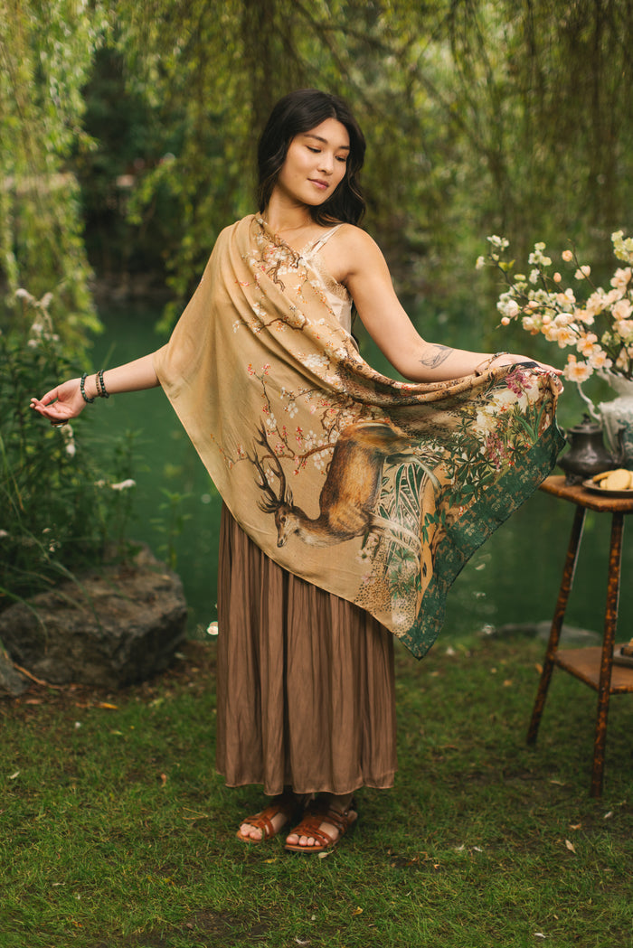 Lightweight and soft Fable scarf featuring antique Japanese art, cherry and peach blossoms, nightingales, deer, and French block prints - Market of Stars
