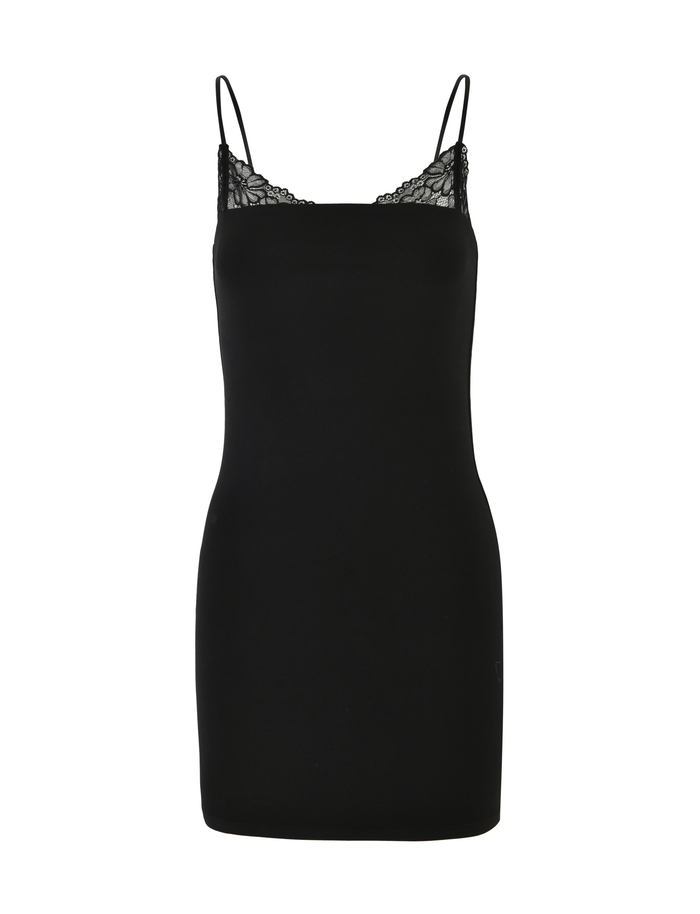 The FAELINA MINI DRESS by TIGERMIST is a sleeveless black jersey mini dress featuring adjustable spaghetti straps and lace-trimmed neckline, shown against a plain white background.