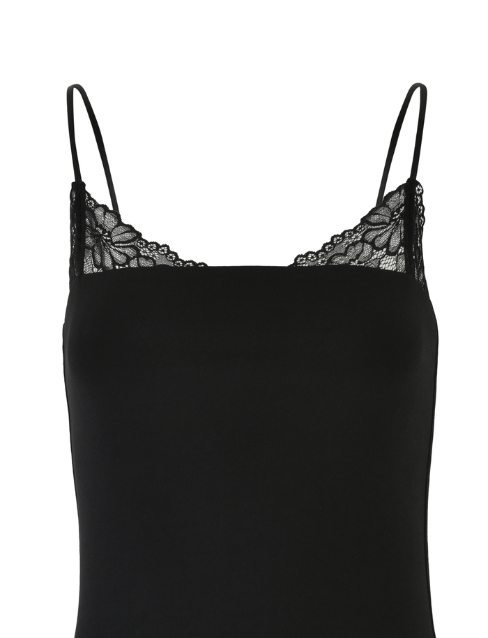 The FAELINA MINI DRESS by TIGERMIST is a black dress featuring thin, adjustable straps and lace neckline detailing, displayed against a plain white background.