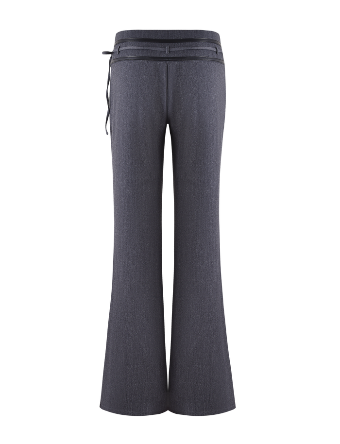 Back view of the TIGERMIST FEDRA PANT - GREY, featuring high-waisted, wide-leg design with a waist belt detail. Subtle texture, PU leather trim, and tailored seams create a sleek, modern fit.