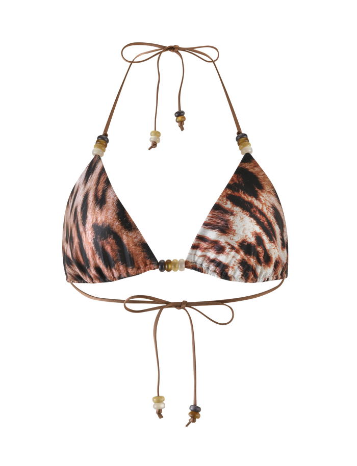 The FINLEA BIKINI TOP by TIGERMIST features a chic leopard haze print, halter neck design with adjustable string ties at the neck and back, and decorative beads on the strings.
