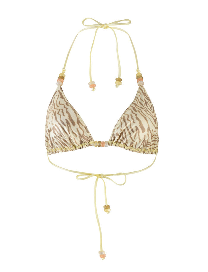 The FINLEA BIKINI TOP - YELLOW : ZEBRA by TIGERMIST is a yellow triangle bikini top with a striking animal print design, showcasing light brown zebra-like patterns. It features adjustable thin yellow straps that tie behind the neck and back, accented with small colorful beads at the strap ends.