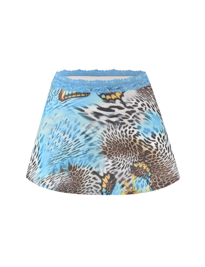 The FINLEA MINI SKIRT - MULTI by TIGERMIST features a butterfly animal print and delicate lace waistband for a playful, standout A-line mini skirt style.