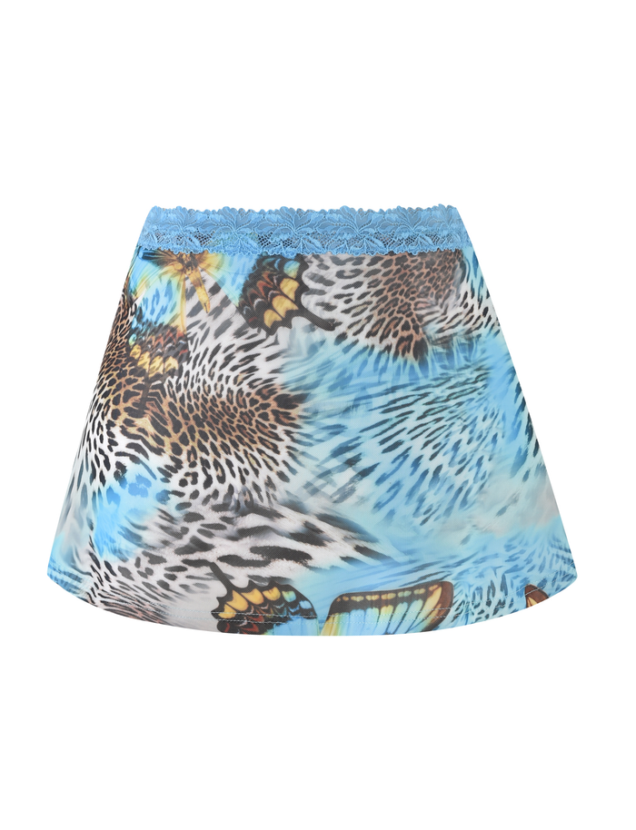 The TIGERMIST FINLEA MINI SKIRT features a flared, high-waisted A-line silhouette with a butterfly and animal print and a delicate blue lace waistband.