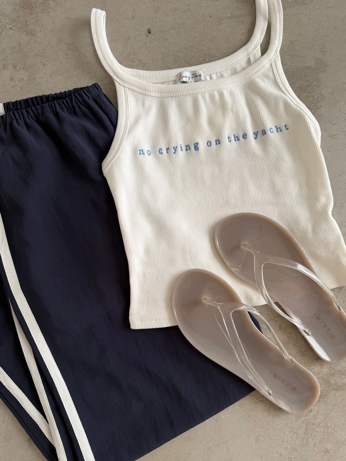Finn "No Crying On The Yacht" Embroidered Tank Top in Off White *Final Sale*