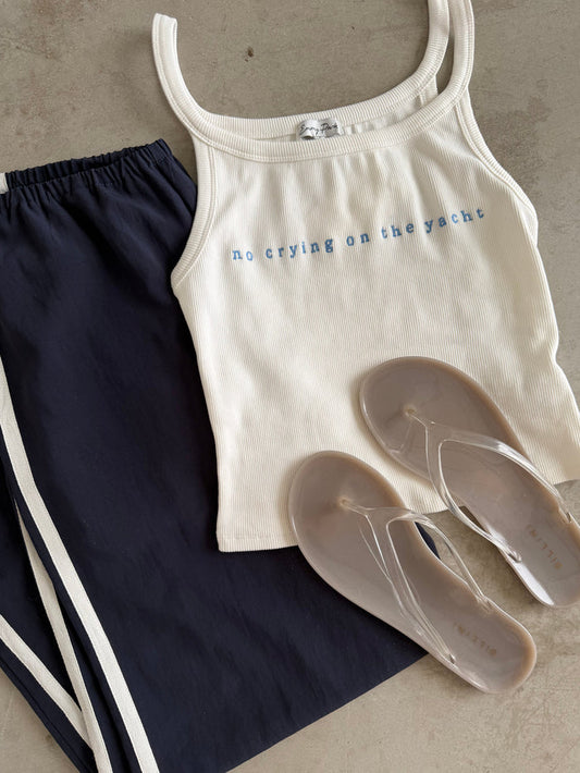 Finn "No Crying On The Yacht" Embroidered Tank Top in Off White *Final Sale*