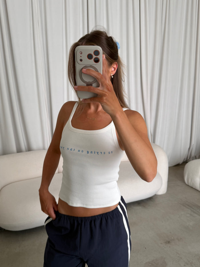 Finn "No Crying On The Yacht" Embroidered Tank Top in Off White *Final Sale*