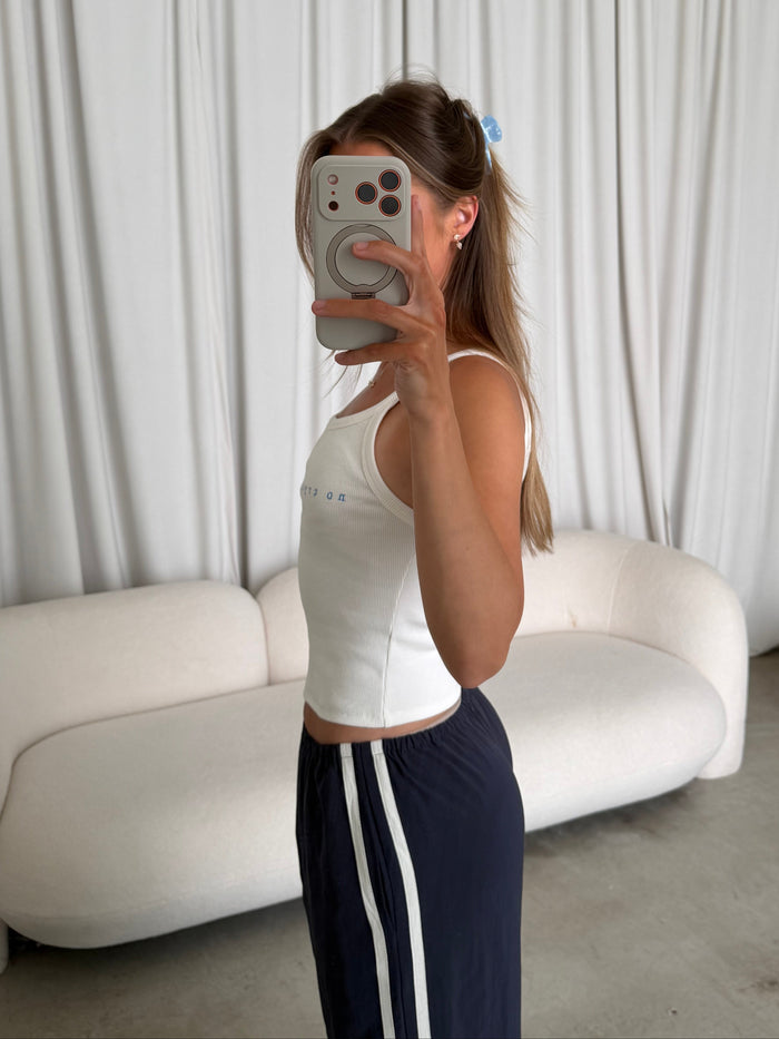 Finn "No Crying On The Yacht" Embroidered Tank Top in Off White *Final Sale*