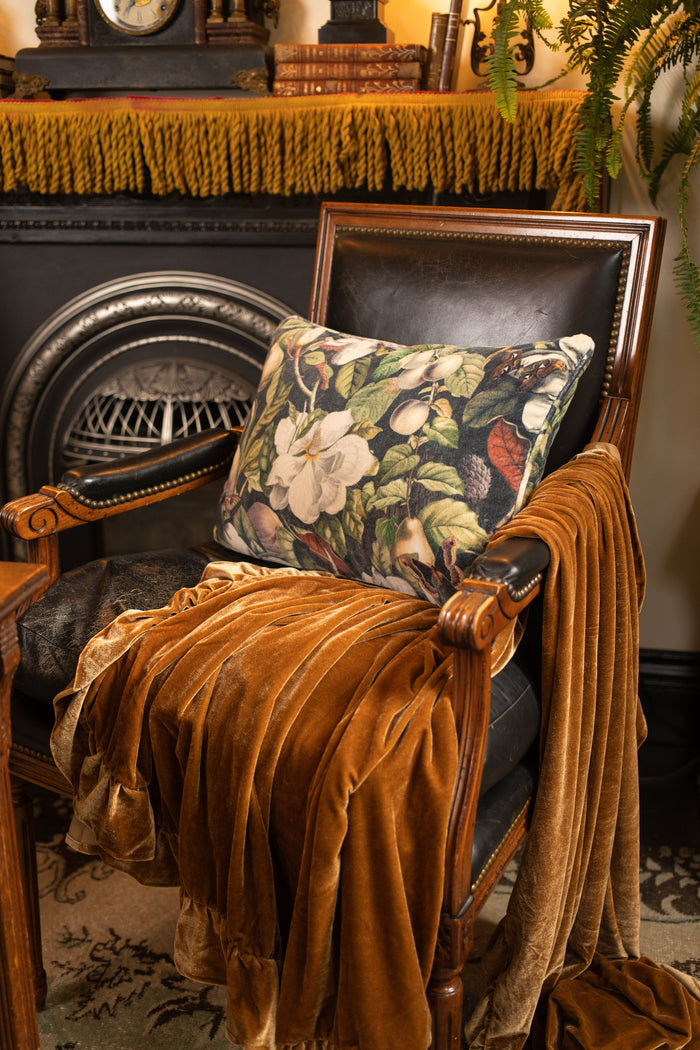 A soft cotton velvet cushion ft. vintage lithographs of magnolias & 1800's etchings of moths and pears - Market of Stars