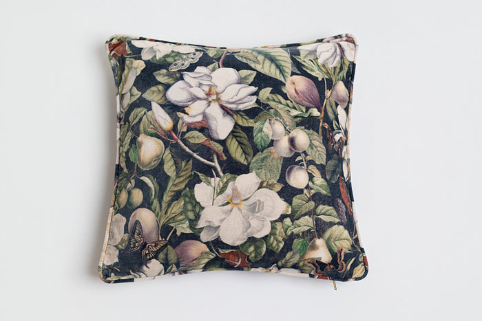 A soft cotton velvet cushion ft. vintage lithographs of magnolias & 1800's etchings of moths and pears - Market of Stars