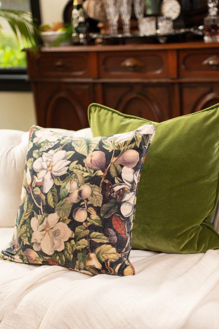 A soft cotton velvet cushion ft. vintage lithographs of magnolias & 1800's etchings of moths and pears - Market of Stars