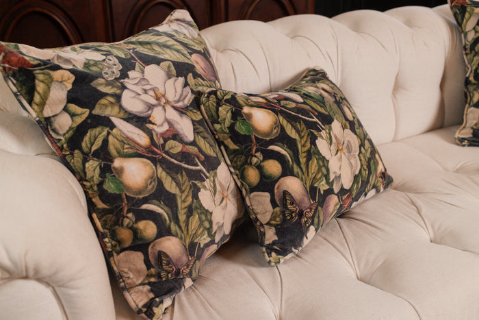 A soft cotton velvet cushion ft. vintage lithographs of magnolias & 1800's etchings of moths and pears - Market of Stars