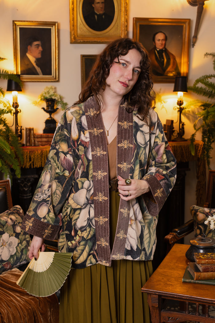 Model wearing a soft cotton velvet duster ft. vintage lithographs of magnolias & 1800's etchings of moths and pears - Market of Stars