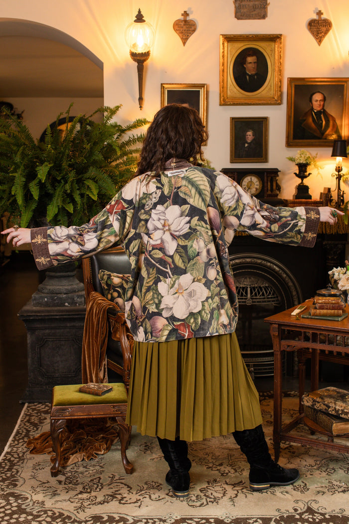 Model wearing a soft cotton velvet duster ft. vintage lithographs of magnolias & 1800's etchings of moths and pears - Market of Stars
