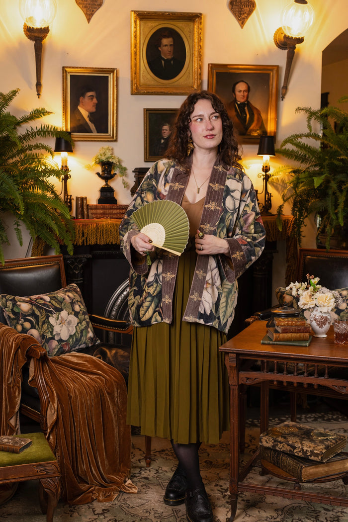 Model wearing a soft cotton velvet duster ft. vintage lithographs of magnolias & 1800's etchings of moths and pears - Market of Stars