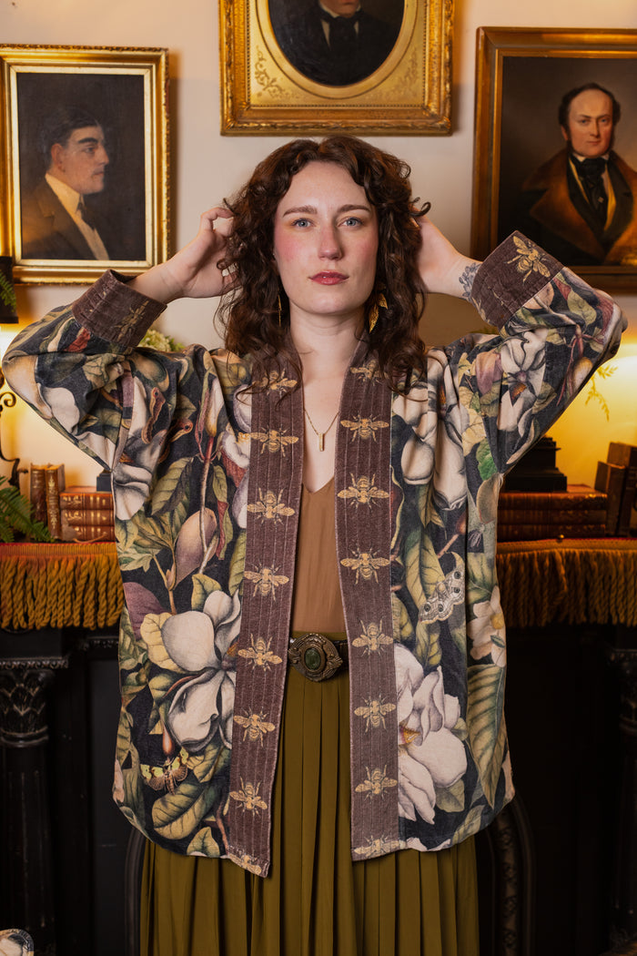 Model wearing a soft cotton velvet duster ft. vintage lithographs of magnolias & 1800's etchings of moths and pears - Market of Stars