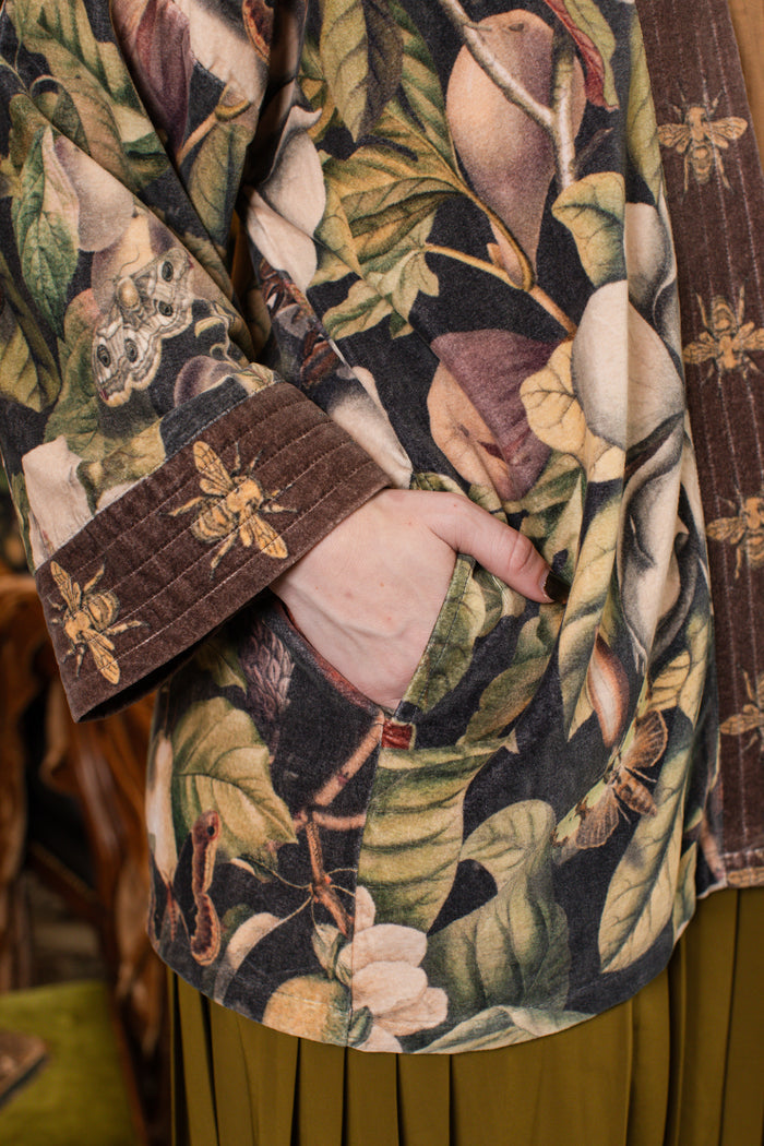 Model wearing a soft cotton velvet duster ft. vintage lithographs of magnolias & 1800's etchings of moths and pears - Market of Stars