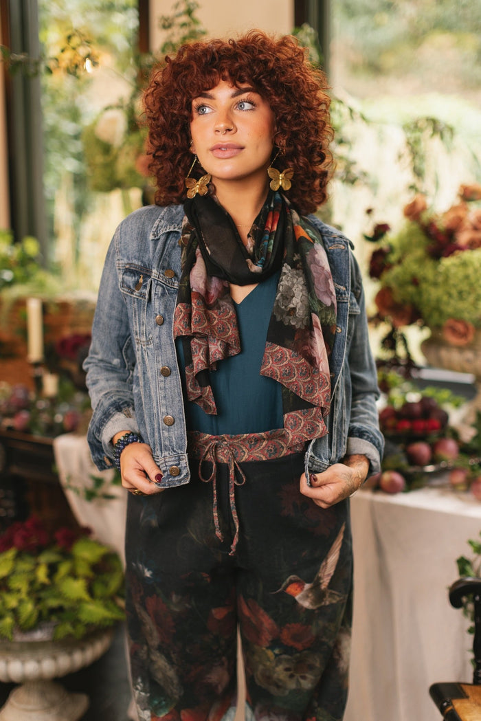 Hummingbirds and vintage floral artwork come to life on the Flight of Fancy Scarf – a lightweight, everyday scarf inspired by the paintings of Rachel Ruysch – Market of Stars.