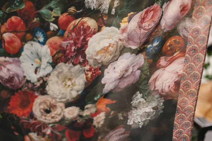 Hummingbirds and vintage floral artwork come to life on the Flight of Fancy Scarf – a lightweight, everyday scarf inspired by the paintings of Rachel Ruysch – Market of Stars.