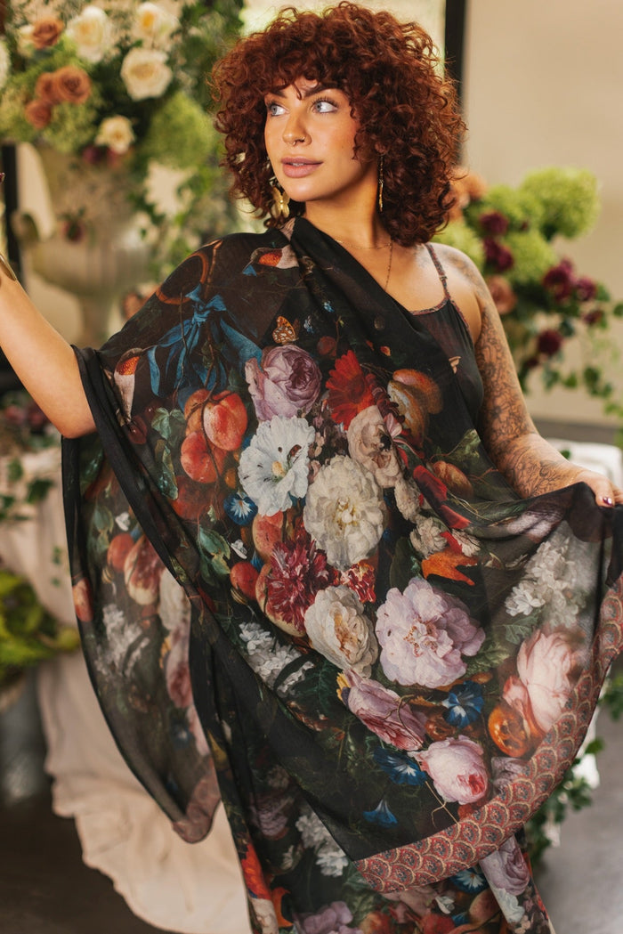 Hummingbirds and vintage floral artwork come to life on the Flight of Fancy Scarf – a lightweight, everyday scarf inspired by the paintings of Rachel Ruysch – Market of Stars.